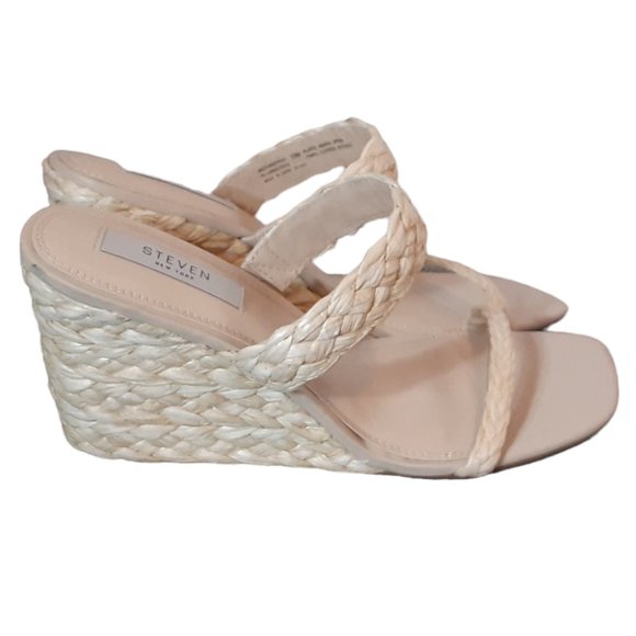 Steven New York Raffia Wedge Sandals Slide Cream Vacation Heels - Picture 3 of 12